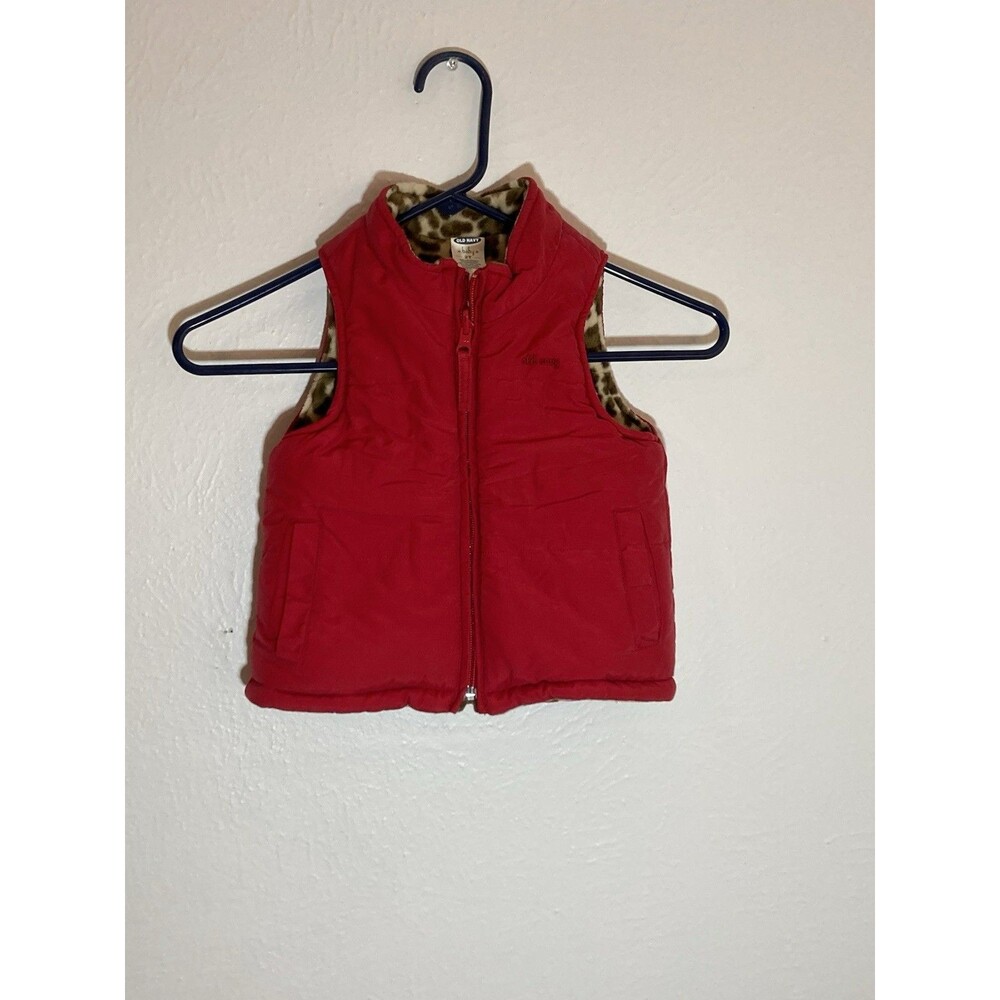 Old Navy Puffer Vest Red  Leopard Print Lined Zip Front Toddler Size 2T